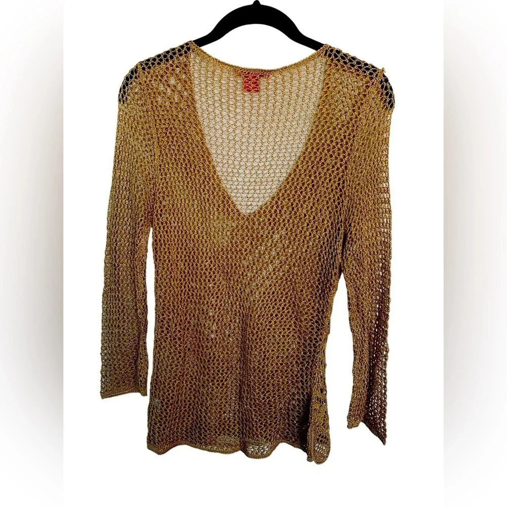 🩵Sunny Leigh Summer Open Weave Metallic Golden Goddess Crochet Top (M)